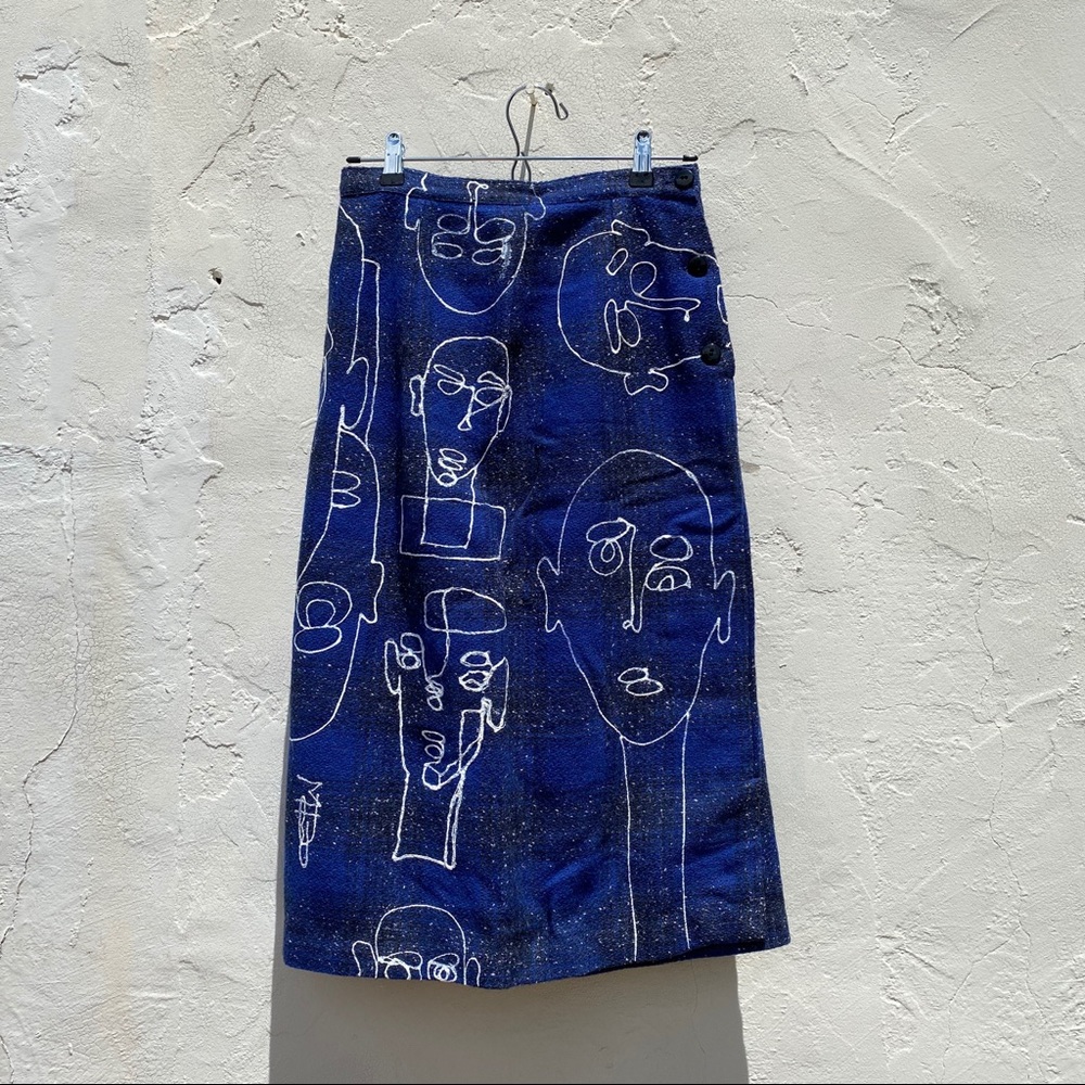 Vintage blue/deep blue plaid texture pencil skirt